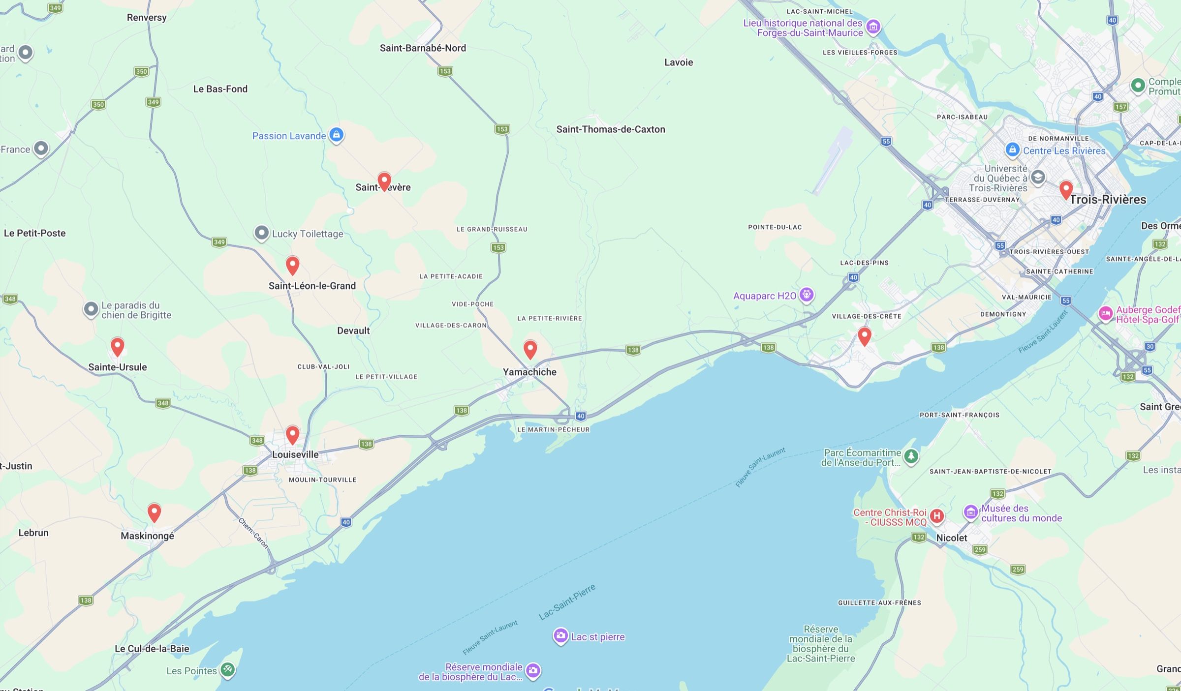 Carte de la zone desservie autour de Louiseville